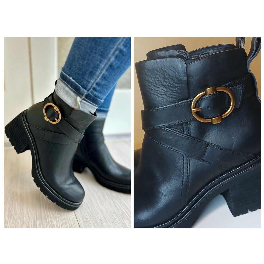 Aqua Sofft Boots Sz 9 Jenine Black Leather Chunky Heel Moto Water Resistant